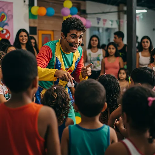Animador de festa infantil com traje colorido e microfone interagindo com um grupo de crianças atentas sentadas à sua frente