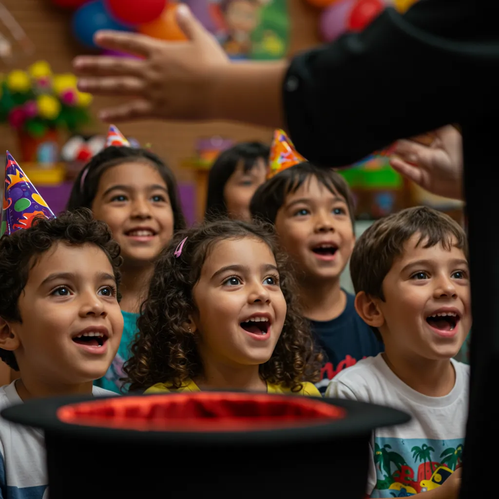 Grupo de crianças com chapéus de festa expressando surpresa e alegria ao assistir show de mágica, com cartola em primeiro plano