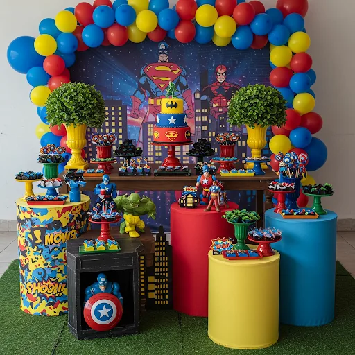 Mesa principal ricamente decorada para festa infantil com tema de Super-Heróis, incluindo painel de fundo, bolo cenográfico, doces coloridos e balões.