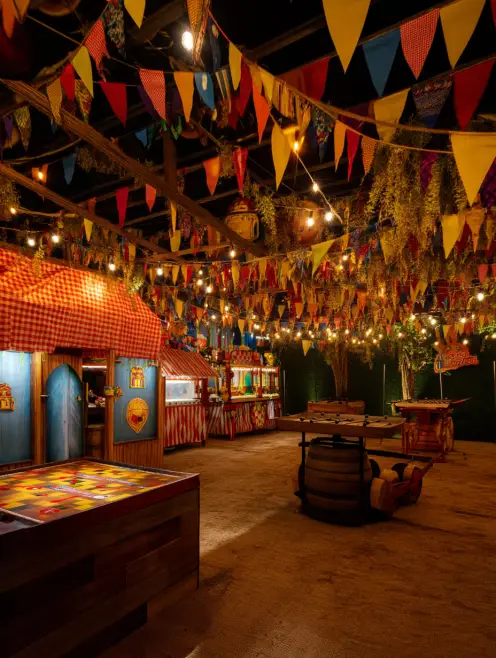 Salão decorado para festa junina com muitas bandeirinhas coloridas, cordões de luzes, barracas de madeira e mesas de barril.