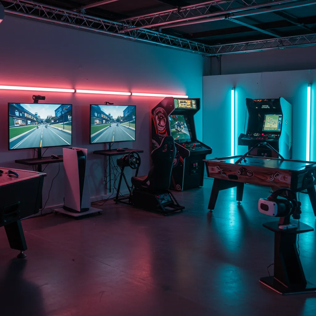 Estação de 'game festas' profissionalmente montada e vazia no Rio de Janeiro, com TVs, consoles PlayStation 5 e Xbox Series X, simulador de corrida, fliperama, mesa de Air Hockey e headset VR para aluguel