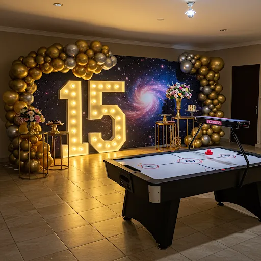 Decoração elegante de festa de 15 anos no Rio de Janeiro com letreiro '15', balões metalizados e Game Zone com mesa de Air Hockey alugada.