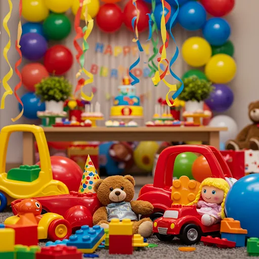 Fotografia de decoração de festa de aniversário infantil com balões coloridos, serpentinas, bolo e diversos brinquedos em primeiro plano: blocos de montar, urso de pelúcia, carrinho vermelho e boneca. Tema brinquedos.