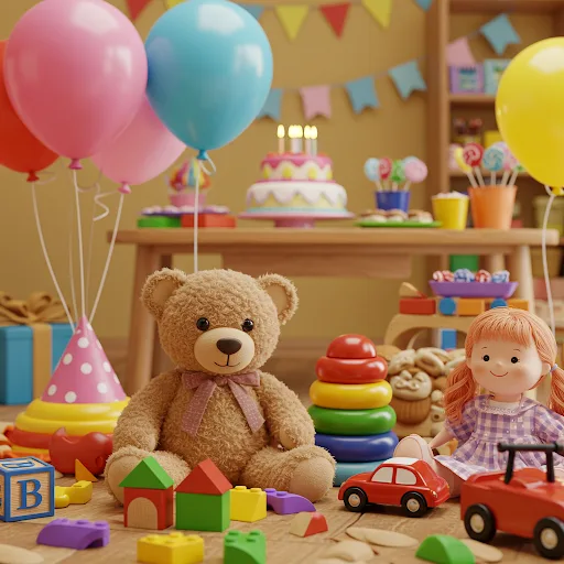 Ilustração de festa de aniversário infantil com balões coloridos, serpentinas, bolo e brinquedos espalhados: blocos de montar, urso de pelúcia, carrinho vermelho e boneca. Tema de brinquedos.