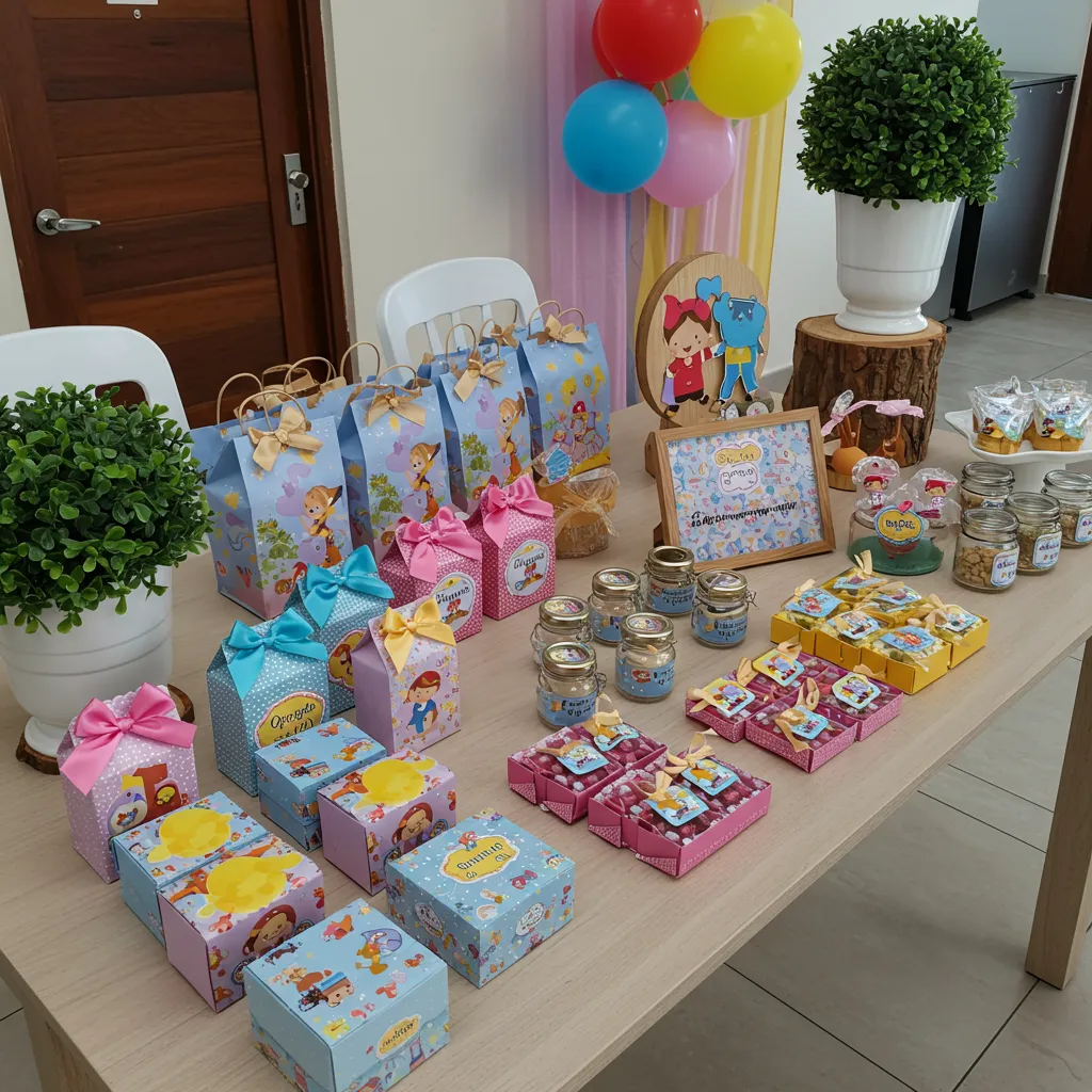 Mesa de festa infantil com diversas lembrancinhas personalizadas, como caixas, sacolas e potes, decoradas com personagens e laços coloridos