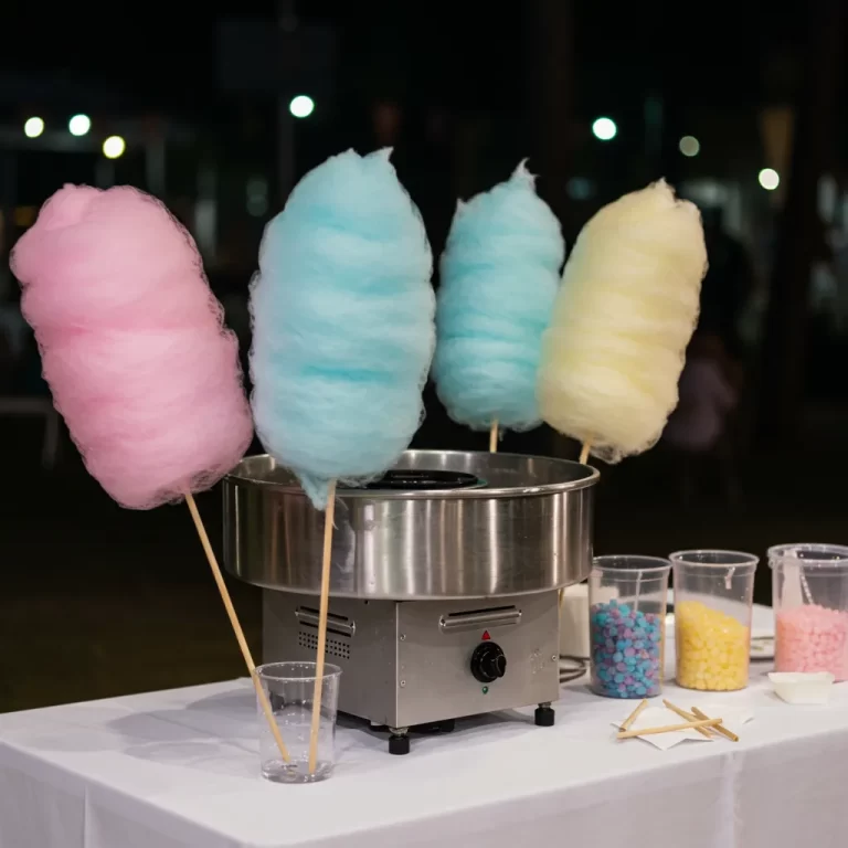 Máquina de algodão doce de aço inox sobre uma mesa com toalha branca, exibindo quatro algodões doces prontos em palitos (rosa, dois azuis claros, amarelo claro). Ao lado, potes transparentes com açúcar colorido e palitos extras. Fundo escuro de evento noturno.
