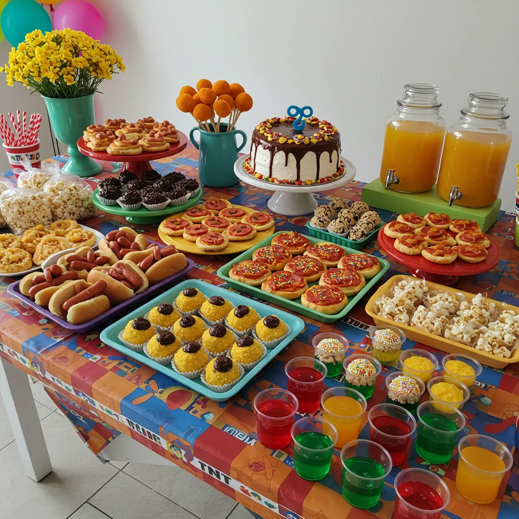 Mesa farta de festa de aniversário infantil com bolo de chocolate número 8, docinhos, salgadinhos como mini hot dog e mini pizza, pipoca, sucos e gelatinas coloridas
