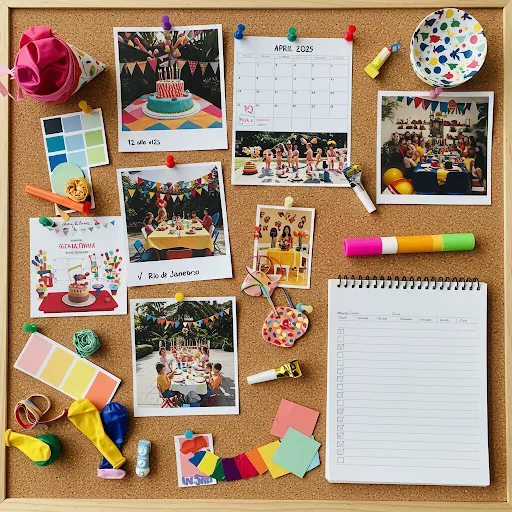 Mural de cortiça para planejamento de festa com fotos, calendário de Abril 2025, amostras de cores, balões e caderno.