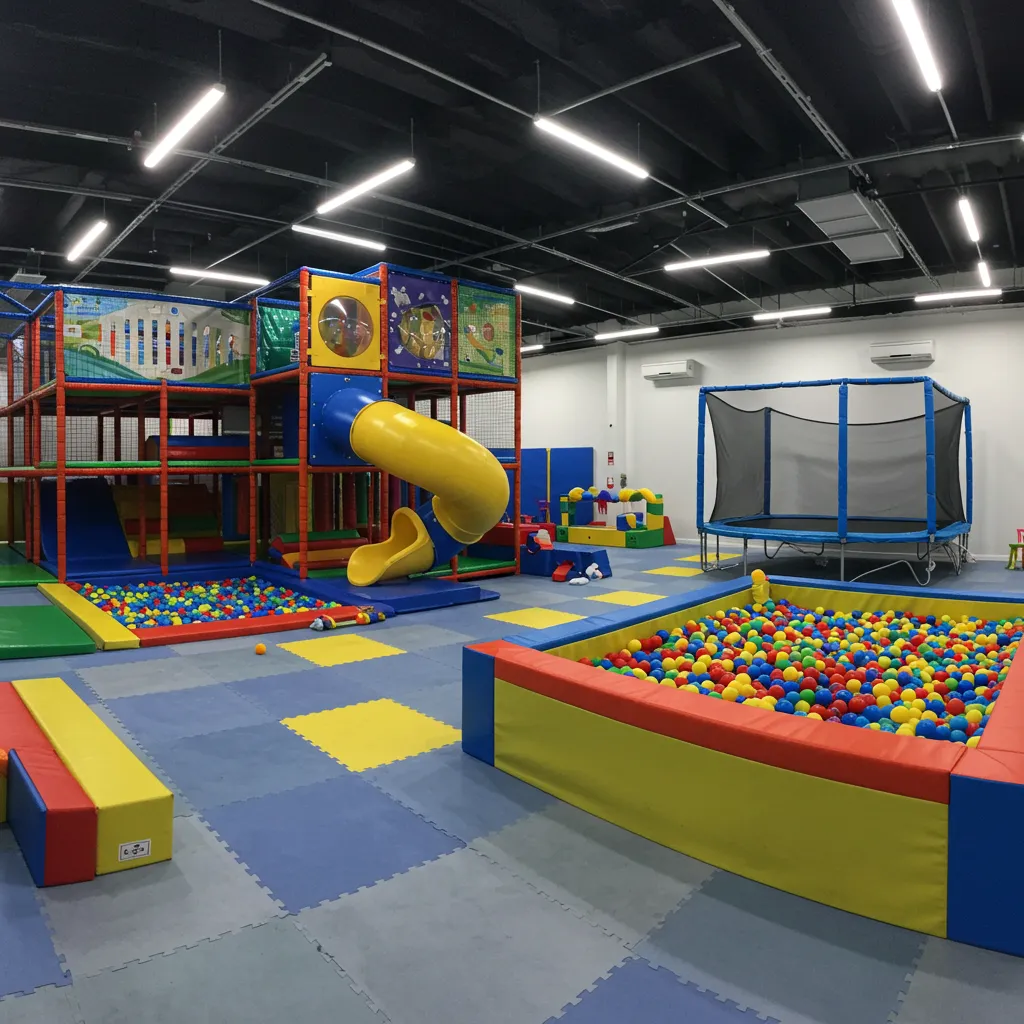 Salão de festas infantil vazio no Rio de Janeiro com grande brinquedão Kid Play, piscina de bolinhas, cama elástica e tobogã inflável